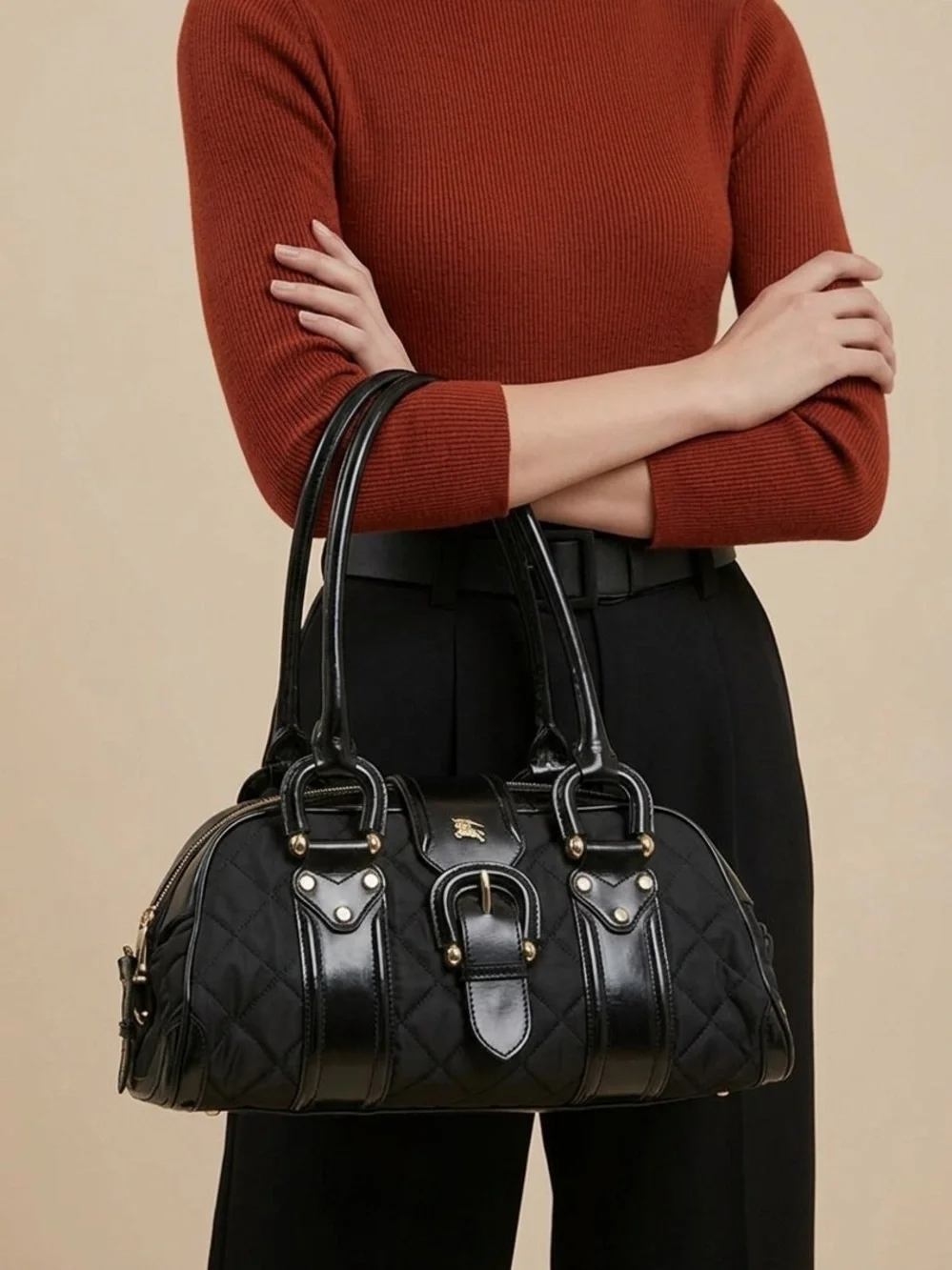 🐎 BURBERRY 🐎 BLACK QUILTED NYLON AND PATENT LEATHER MANOR SATCHEL AUTHENTIC